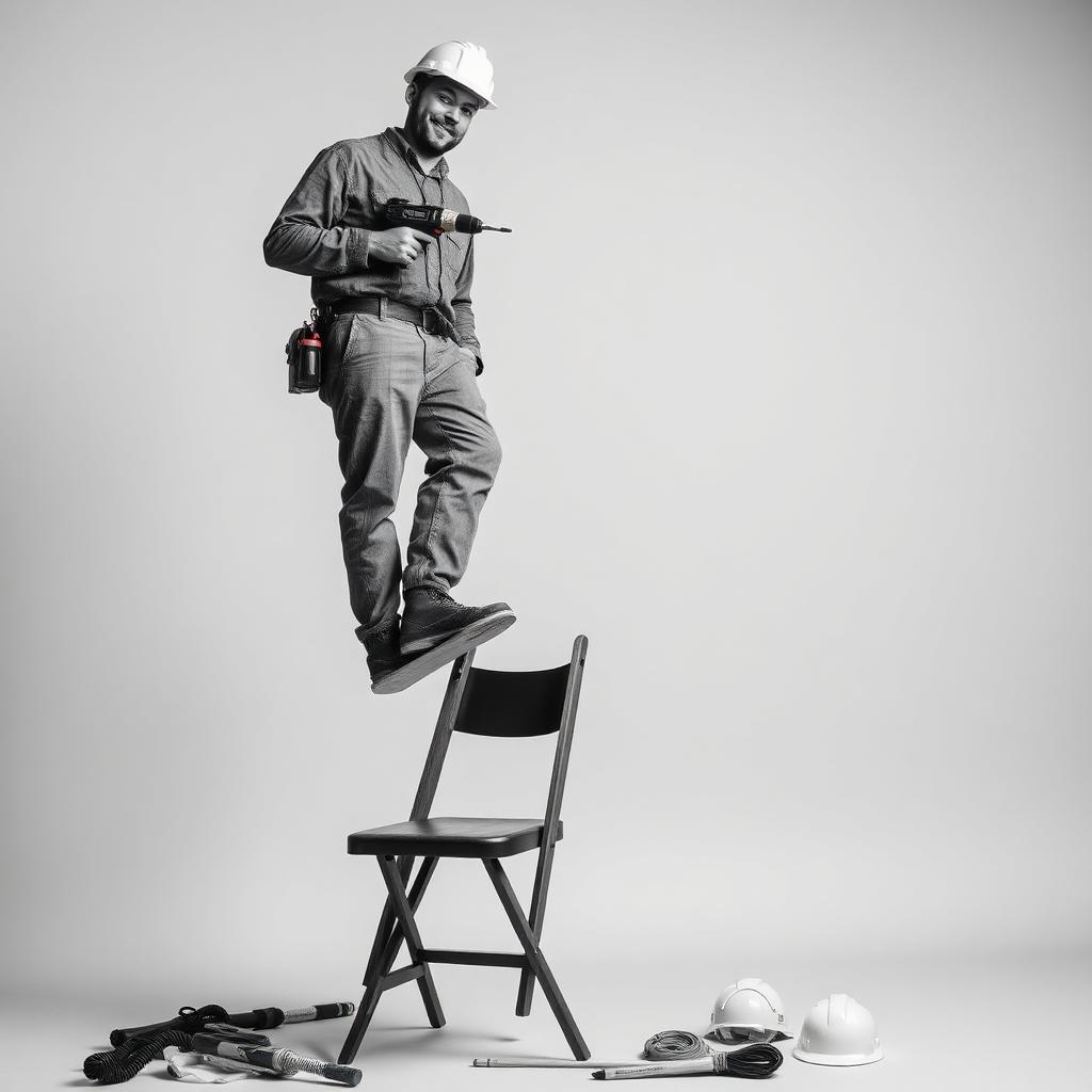 Ridiculous job site moment: a ladder balanced on a chair