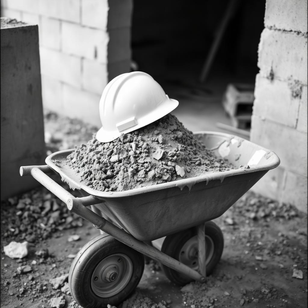 Ridiculous job site moment: a wheelbarrow full of cement with a hard hat