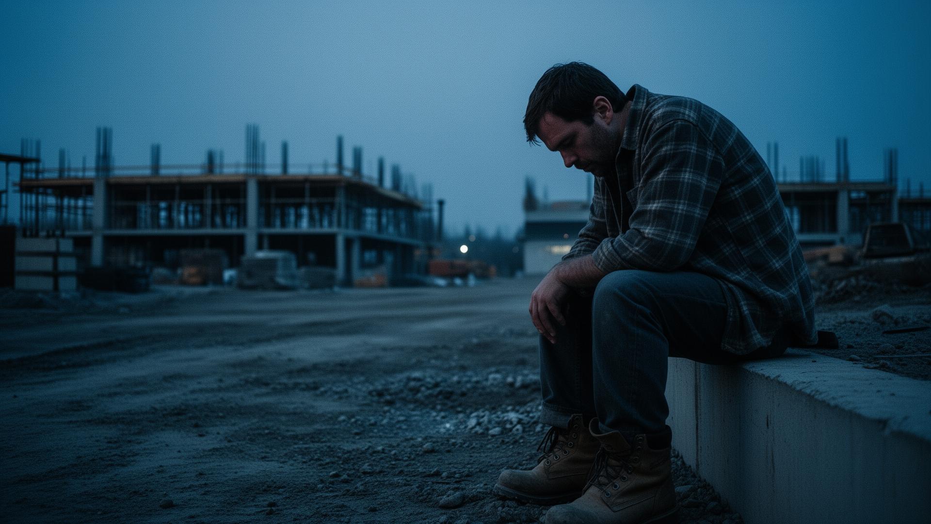 A working man sitting alone at dusk near a construction site